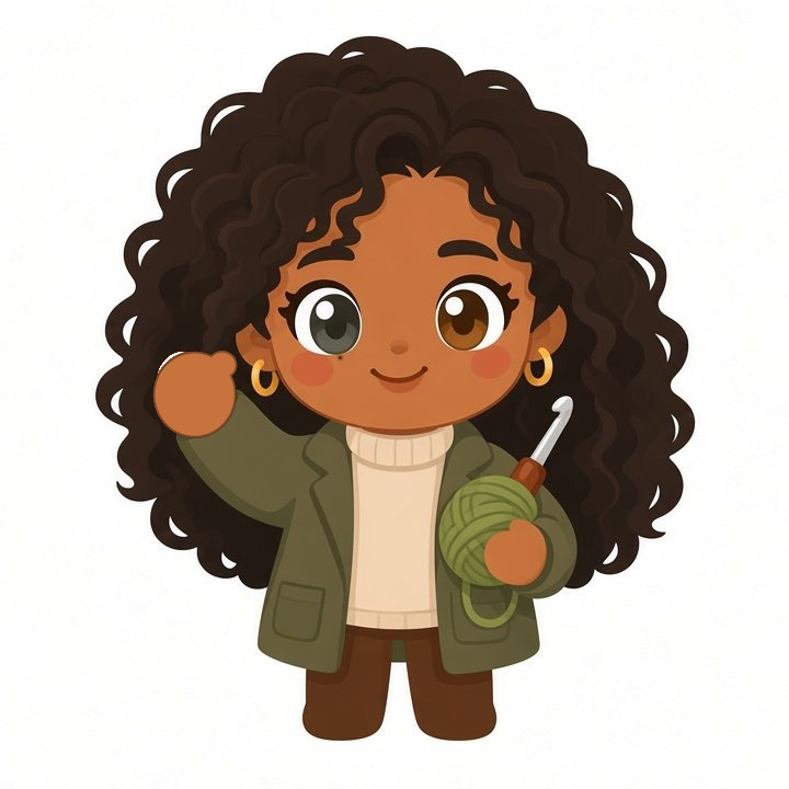 Mini Yuni waving, holding a ball of green yarn